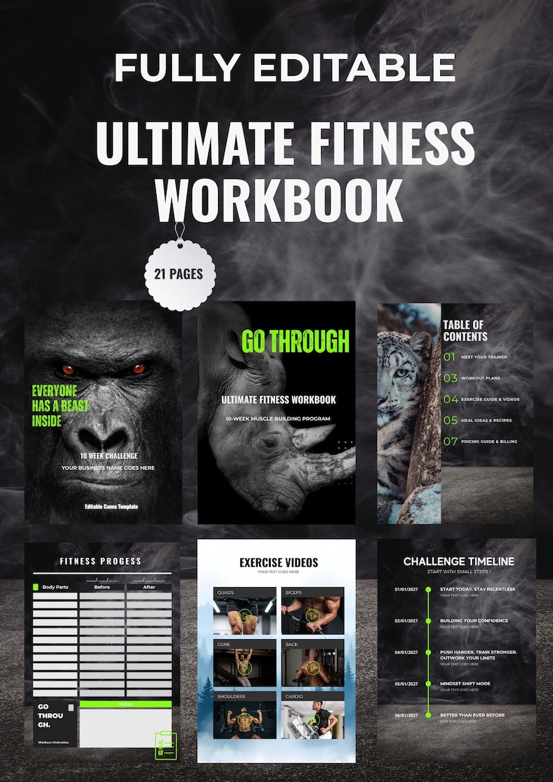 K&ouml;nnte beinhalten: Ein Fitness-Workbook mit dem Titel "Ultimate Fitness Workbook" und dem Text "Fully Editable" oben. Das Cover zeigt einen Gorilla, ein Nashorn und einen Tiger. Das Workbook enth&auml;lt Abschnitte zu Fitnessfortschritten, Trainingsvideos und einer Challenge-Zeitleiste.