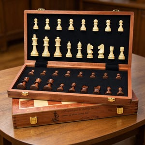 Könnte beinhalten: Ein Schachspiel aus Holz in einer aufklappbaren Aufbewahrungsbox mit goldenen Verschlüssen. Das Innere verfügt über schwarze Schaumstoffeinsätze für helle und dunkle Holzschachfiguren. Die Außenseite ist mit einem König und Text graviert.