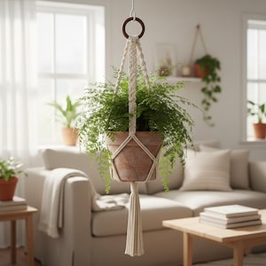 May include: A hanging macrame plant holder with a terracotta pot filled with green leafy plants. The macrame is off-white, with a wooden ring at the top and a tassel at the bottom. The plant holder is suspended in a bright, airy living room.