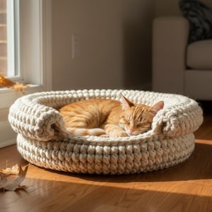 May include: A sleeping orange tabby cat rests in a cream-colored, round, crocheted pet bed. The bed has a thick, raised edge for support. The cat is curled up, basking in the sunlight, creating a cozy and comfortable scene.