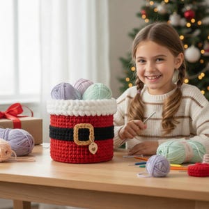 Puede incluir: Una cesta roja de ganchillo con temática de Papá Noel, con cinturón negro y hebilla dorada, contiene varias madejas de hilo en colores pastel. La cesta tiene un borde blanco y esponjoso. Una niña sonríe mientras sostiene un ganchillo.