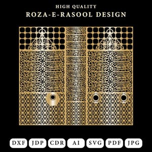 May include: Gold-colored Roza-E-Rasool design with intricate patterns and Arabic calligraphy on a black background. The design includes the text "HIGH QUALITY ROZA-E-RASOOL DESIGN" at the top. File formats: DXF, JDP, CDR, AI, SVG, PDF, JPG.
