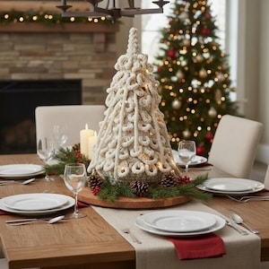 May include: A cream-colored, handmade Christmas tree centerpiece made of looped yarn, illuminated with small lights. The tree sits on a wooden base, surrounded by pinecones and greenery, on a dining table set for a holiday meal.