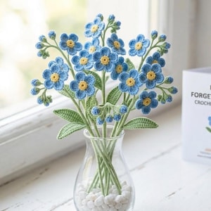 ワスレナグサのかぎ針編み花パターン PDF、簡単なかぎ針編みの花束、初心者向けの花のパターン、茎付きのかぎ針編みの花、