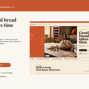 May include: A digital interface display for the Forno Shopify 2.0 theme, featuring a cream and burnt orange color palette. The layout includes the text Good bread takes time, a hero image of a loaf of bread on a wooden table, and navigation links.