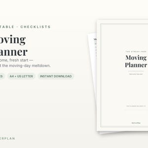 May include: A printable moving planner with eight pages in A4 and US letter sizes. The cover features the text Moving Planner, New home, fresh start — without the moving-day meltdown, and MyEverPlan. The design is white with black text.