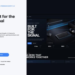 Puede incluir: Un diseño de interfaz digital para un tema de Shopify 2.0 llamado Northline, con una página de inicio oscura que muestra un teclado, auriculares y una lámpara de escritorio. El texto dice Built for the signal, 40+ sections y A desk that works together.