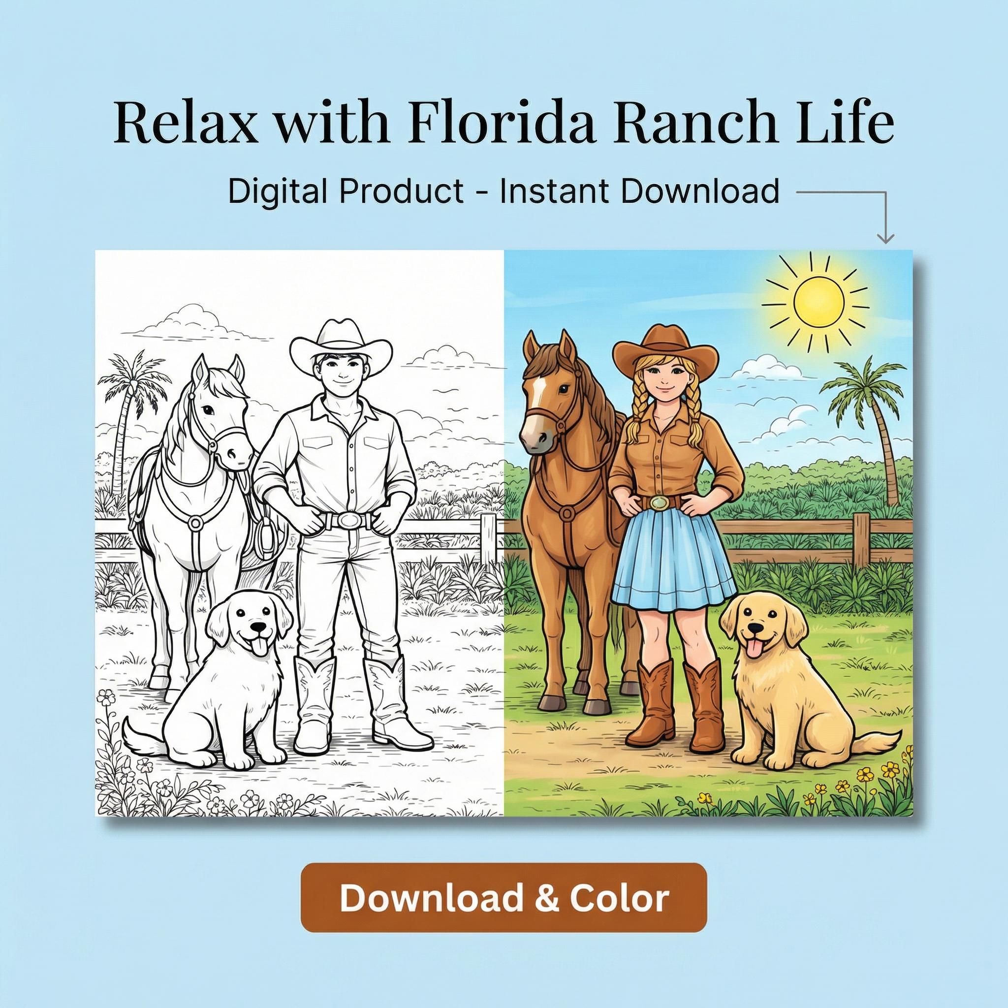 Coloring For Ranchers Florida Ranch Coloring Page | Cowboy, Cowgirl, Horses, Dogs (digital ...