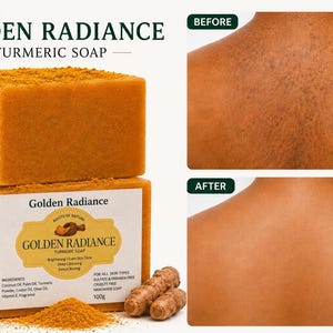 May include: Two stacked, square turmeric soap bars with the text "GOLDEN RADIANCE TURMERIC SOAP". The soap is a vibrant orange color, with a pile of turmeric powder and turmeric roots. The image also shows before and after skin tone comparisons.
