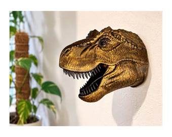 T-Rex-Wandkopf – Dinosaurier-Wanddeko in Schwarz, Grau oder mit Gold-Bronze-Akzenten