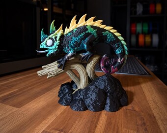 Chameleon figurine on a branch – multicolored fantasy decoration with rock base, 12.7 cm