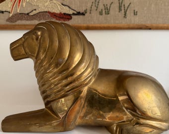 Vintage Large Brass Lion Sculpture | Hollywood Regency Lion Figure | Mid Century Modern Brass Decor | 14” Long Statement Piece