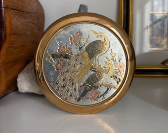 Vintage Japanese Peacock Trinket Jar | Kutani Style Porcelain Vanity Box | Chinoiserie Jewelry Dish with Lid