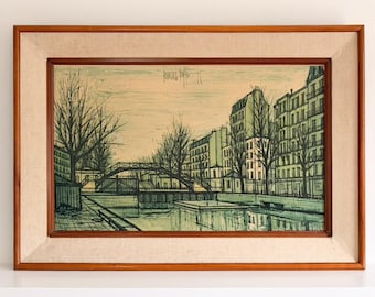 Vintage Bernard Buffet Canal Saint-Martin Paris Lithograph Print, Framed Mid Century French Cityscape