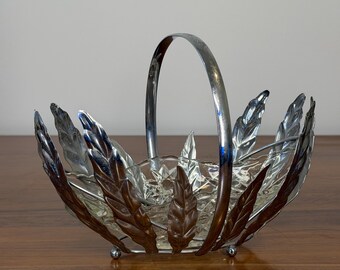 Vintage Silverplate & Glass Leaf Basket