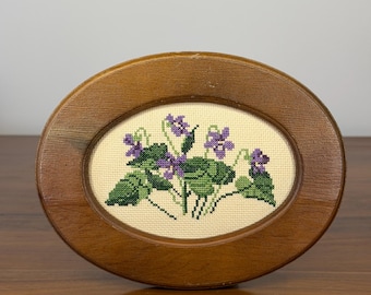 Vintage Needlepoint Floral Oval Frame Wood Framed Embroidery Purple Flowers Cottage Wall Art