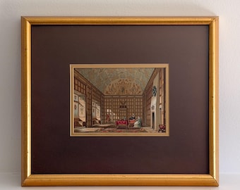 Antique 1876 Auguste Racinet Chromolithograph, England Salon Interior Print, Framed French Wall Art
