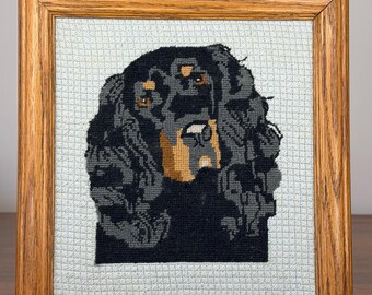 Vintage Needlepoint Spaniel Dog Portrait Framed Sporting Art English Country Wall Decor