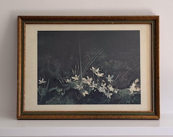 Pair of Vintage 1960s Moody Floral Prints, Framed Botanical Wall Art, Hudson’s Labels