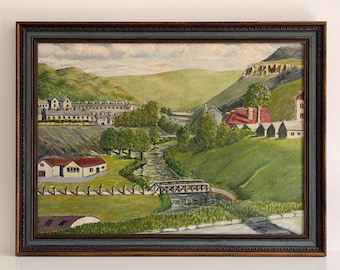 Vintage Original European Landscape Painting, Wales Countryside Village Art, Signed Watkins, 26x19.75
