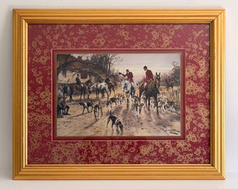 Pair of Vintage Framed Fox Hunt Prints, English Equestrian Wall Art, Red Gold Mat