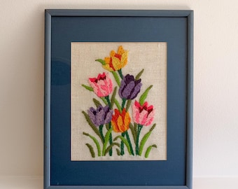 Vintage Framed Crewel Embroidery Floral Art