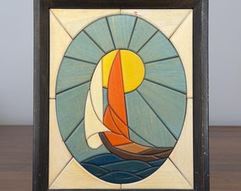 Vintage Wooden Sailboat Wall Art — Handcrafted Geometric Relief