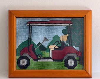 Vintage Framed Needlepoint Golf Cart Art, Golf Decor, Country Club Wall Art