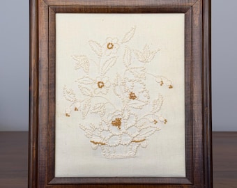 Vintage Framed Floral Crewel Embroidery | French Knot Needlework