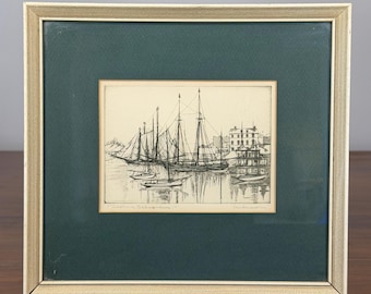 Vintage “Sealing Schooners” Etching — Signed Framed Nautical Harbor Art, 10” x 9.25”