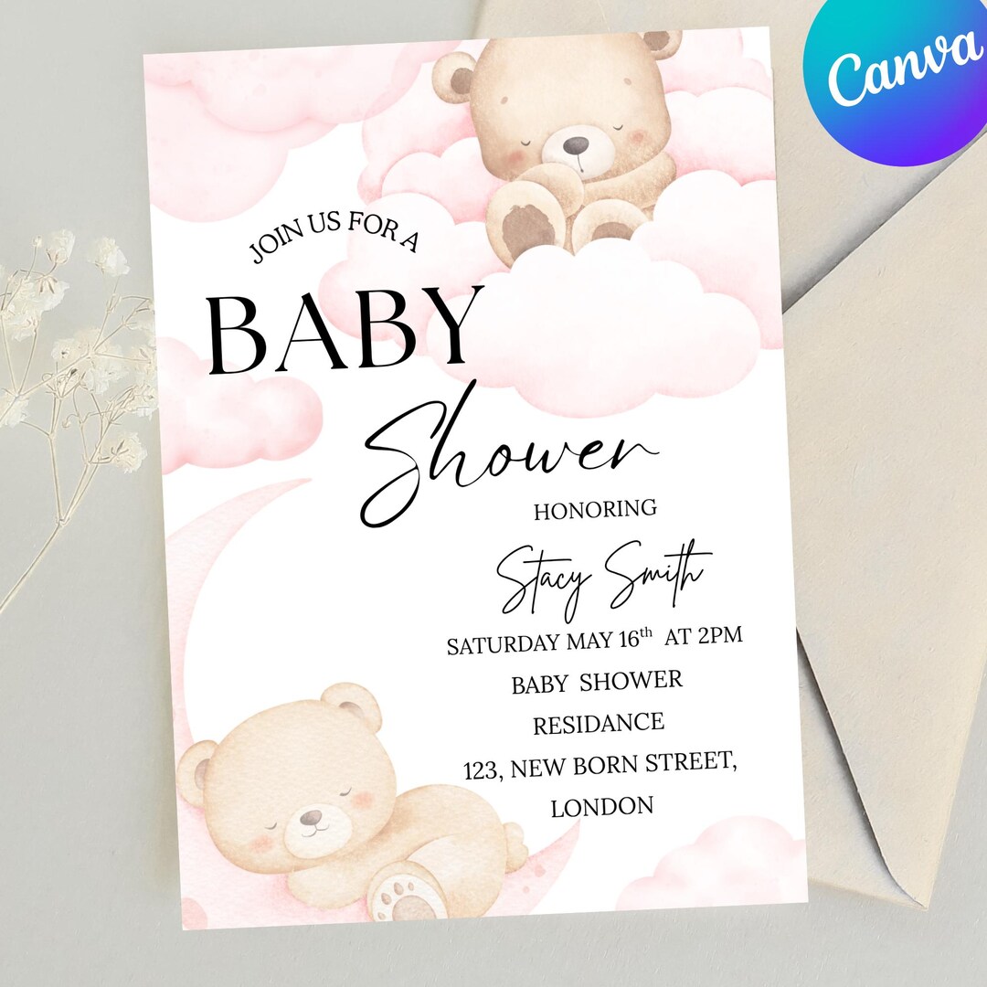 Editable Teddy Bear Baby Shower Invitation, Pink Baby Girl Bear Theme ...