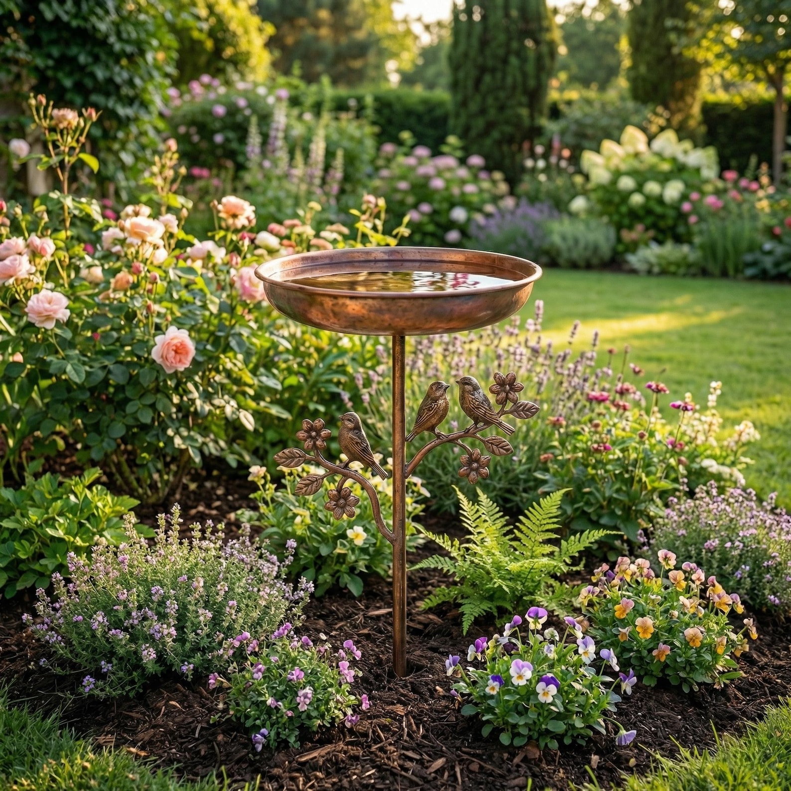 Vintage Bronze Bird Bath Stand | Rustic Garden Decor with Sculpted Birds