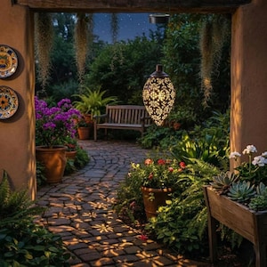 Lanterna solare a sospensione in filigrana / Lampada da giardino marocchina in metallo per vialetti