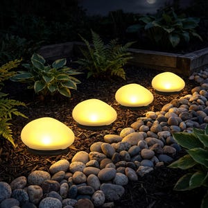Può includere: Quattro luci solari da esterno a forma di ciottoli di fiume lisci e arrotondati. Ogni luce presenta una cupola traslucida color bianco sporco che emette una calda luce gialla, poggiata su una base circolare scura lungo un sentiero.