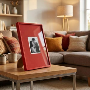 Op de afbeelding: Een rode fotolijst met een zwart-wit foto van een stel. De lijst staat op een houten tafel met een metalen frame. Op de achtergrond een bank met kussens en een lamp.