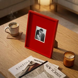 Op de afbeelding: Een rode vierkante fotolijst met een zwart-witfoto van een stel. Een koffiemok en een kaars staan op de houten tafel, samen met tijdschriften.