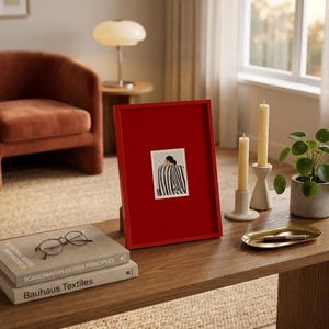 Op de afbeelding: Een rode fotolijst met een kleine zwart-wit illustratie van een persoon in gestreepte kleding. De lijst staat op een houten tafel met boeken, brillen, kaarsen en een kleine plant.