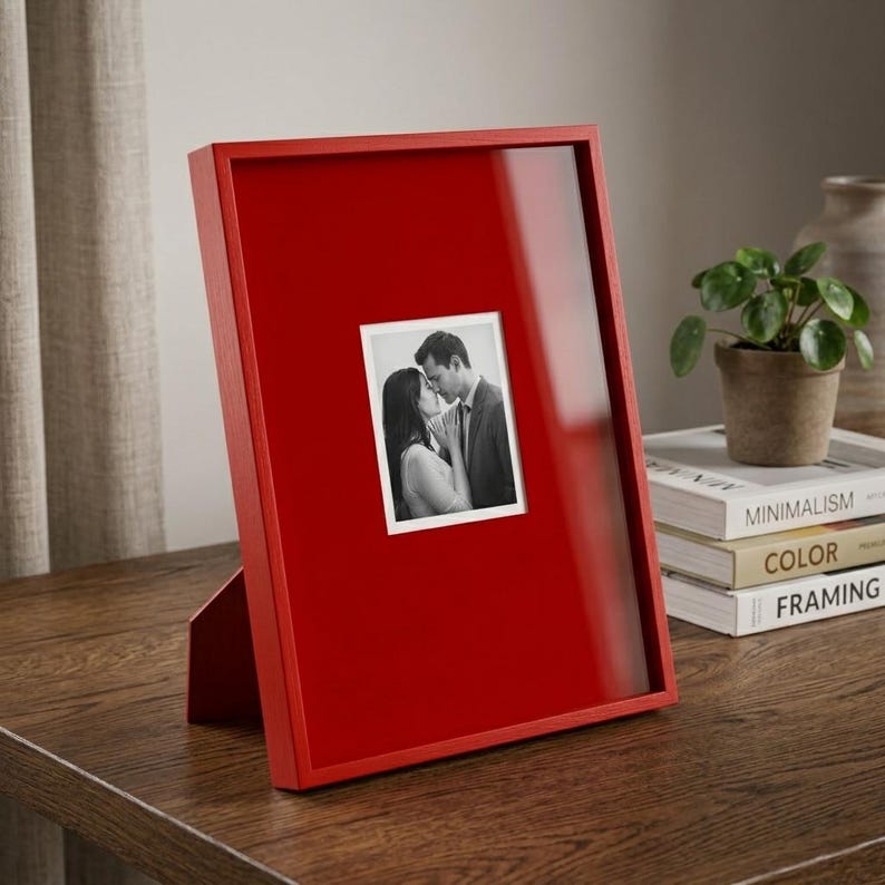 Op de afbeelding: Een helderrode fotolijst met een zwart-witfoto van een kussend stel. De lijst is rechthoekig, heeft een glanzende afwerking en een ingebouwde standaard. De foto staat in het midden.