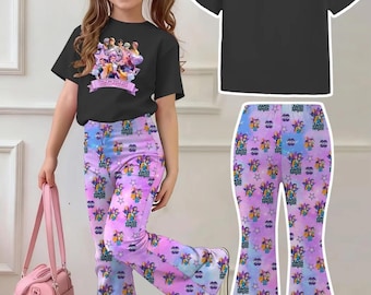 Custom Girls 2-Piece 2026 K-Pop Concert Outfit - Black Graphic T-Shirt & Pastel Character Print Flared Pants Set for Kids