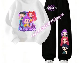 Conjunto de ropa infantil personalizado de otoño con estampado de cazadores de demonios KPop, sudadera con capucha y pantalón, chándal deportivo Splice para niños.
