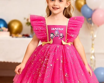 Benutzerdefinierte K-Pop Jäger Zoey Rumi Prinzessin Kleid für Mädchen Pailletten Sterne Bogen Tutu Kleid Baby-formale Gala Abschlussball-Kleid Kinder-Party Kostüm
