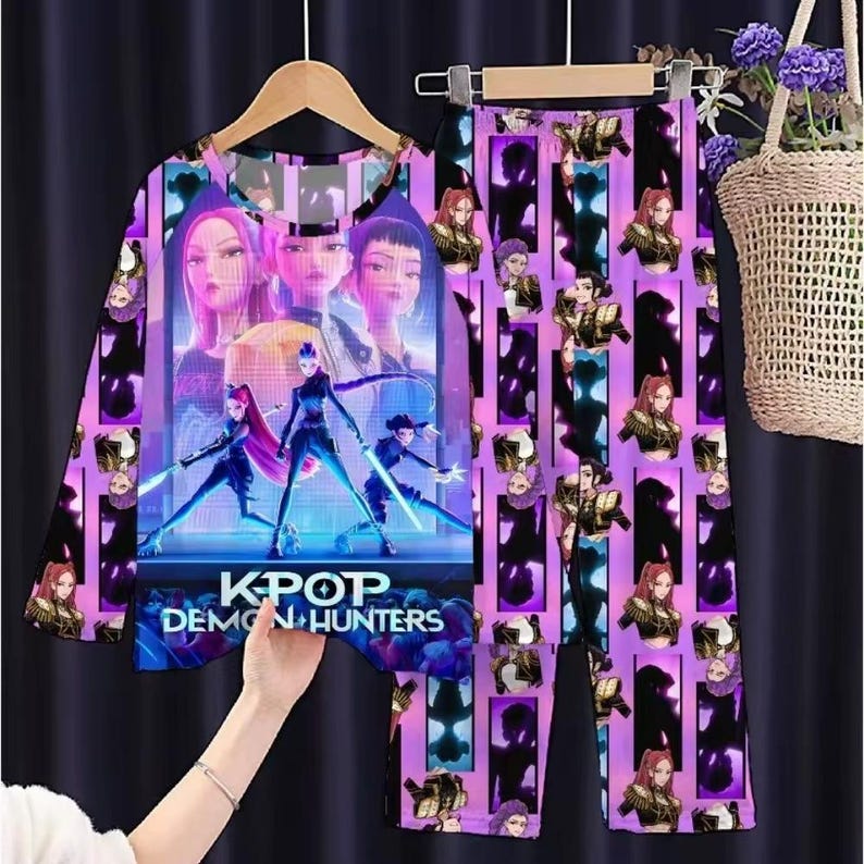 May include: A two-piece pajama set featuring a long-sleeved top and pants. The set is predominantly purple with a repeating pattern of anime-style characters. The top displays a graphic from "KPOP DEMON HUNTERS".