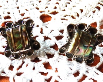 Lovely Signed Mexican Sterling and Abalone Screwback Earrings