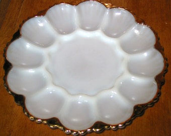 Beautiful Gilded Milk Glass Egg Plate by FireKing