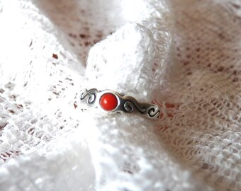 Dainty and Delicate Child's Mexican Silver and Coral Ring