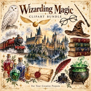 May include: A digital clipart bundle titled Wizarding Magic featuring a snowy owl, a golden winged ball, a steam train, a castle, round glasses, a wand, a sorting hat, stacked books, potion bottles, a scroll, a quill, and a cauldron.