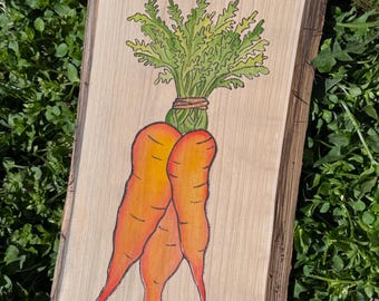 Handmade Carrots Watercolor Woodburning Wall Hanging: Rustic Farm Kitchen Decor