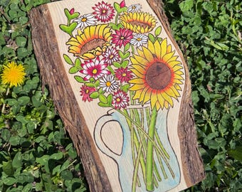 Flower Bouquet Wood Burning, Handmade Botanical Wall Art