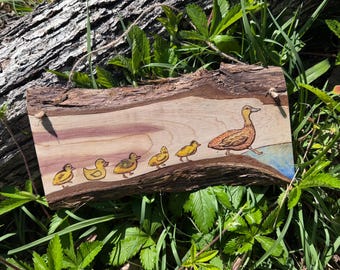Ducks in a Row Watercolor/ Wood Burning Wall Art