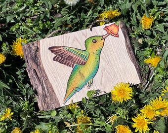 Hummingbird Watercolor and Woodburning Wall Hanging